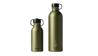 Two Olive Green Metal Water Bottles Of Different Sizes Keywords: water bottles, metal, olive isolated on a transparent background