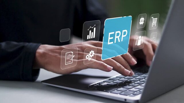 ERP, Enterprise resource planning concept, connections between business intelligence, HR and CRM modules. Businessman use laptop with virtual icon.
