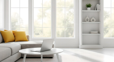 Modern Living Room Home Office Laptop Bright White Copy Space