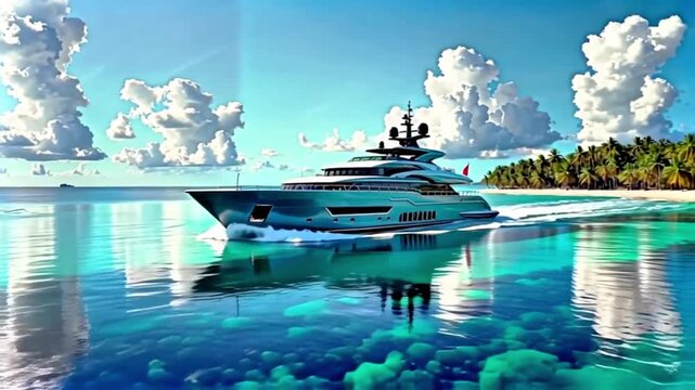 A modern yacht docked in a tropical beach setting with clear blue waters and towering clouds in the background. The yacht features sleek lines and multiple decks