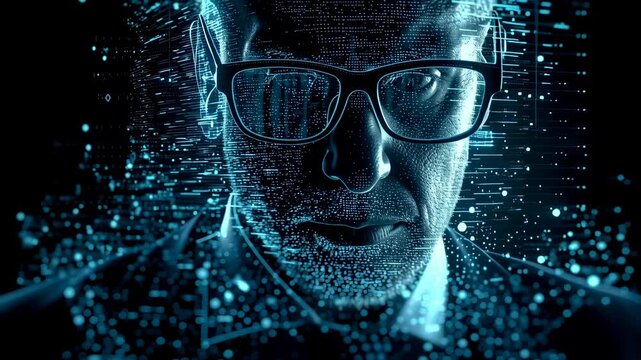 Businessman contemplating innovative financial strategies with digital currency elements visible. Modern dark setting with vibrant blue graphics. Concept of technology, finance, digital innovation