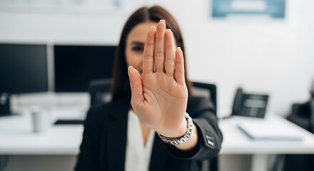 Woman in business attire with hand raised signaling stop in bright office setting with monitors