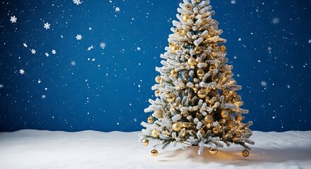 Decorated christmas tree with gold ornaments and snow falling against a blue background in winter