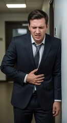 Man in suit suffering from severe stomach pain or abdominal spasm. Business problem and health issue concept.