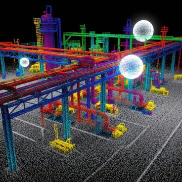Point cloud image of an industrial refinery or chemical plant, digital scan for engineering. Digital twin concept for industry.