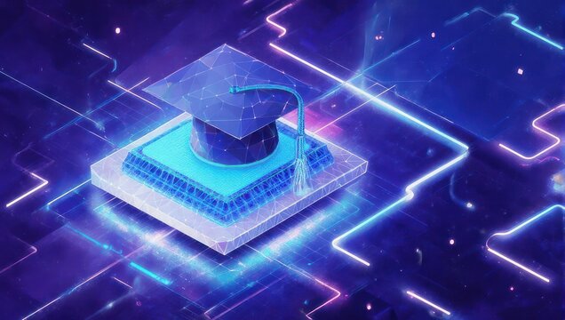 Unlock digital learning potential with a futuristic graduation cap on a glowing tech platform amidst neon circuits