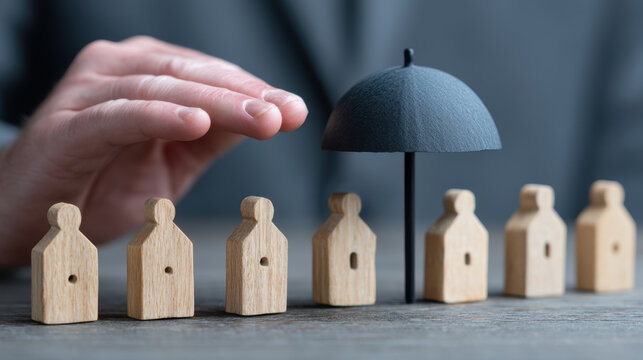 Wooden figures under black umbrella symbolize protection and security, with hand providing additional safety