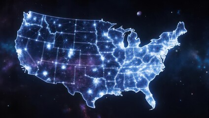 Stunning holographic map of the USA glows with interconnected digital data streams across a star-filled galaxy background, perfect for technology and network concepts.