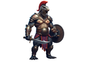A formidable lizard-like warrior, clad in detailed armor, wields a sword and shield, striking a formidable pose against a stark black background.