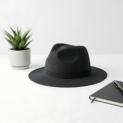 Elegant Black Hat, Potted Plant, and Journal with Pen on White Surface