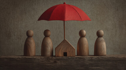 Wooden figures and house under red umbrella symbolize protection and security. scene conveys sense of safety and community