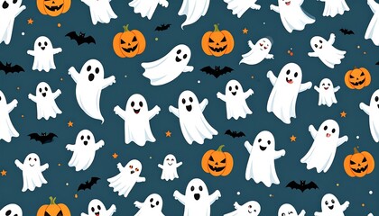 Spooky Halloween Pattern with Cute Ghosts and Pumpkins