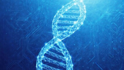 Brilliant glowing blue DNA helix structure illuminates digital circuit board background, symbolizing scientific innovation and genetic research breakthroughs