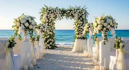 Beach wedding setup with floral archway and white chairs facing the ocean on a sunny day scene