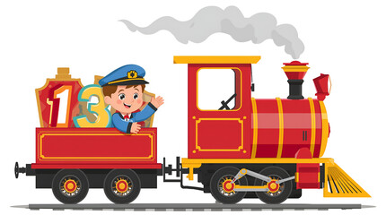 Cartoon Train Driver Waving From Red Train With Numbers 1 and 3 On transparent background. Black Background locomotive engine isolated on a transparent background