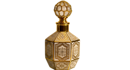 An ornate and decorative perfume bottle with intricate gold detailing, isolated on transparent background, showcasing luxury and elegance in a vintageinspired design, perfect for fragrance enthusiasts