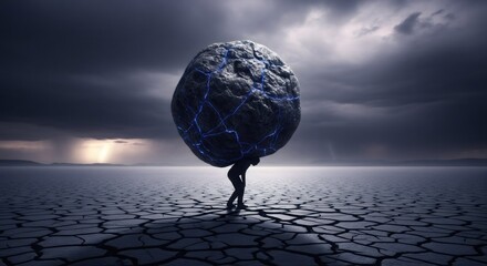 Man carrying heavy rock with blue crack on dry cracked earth. Burden concept. Hardship and stress symbol.