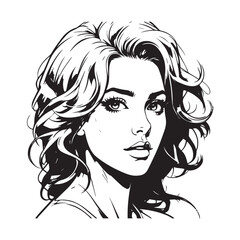 Black and white close up illustration of a beautiful woman face minimalist elegant line art drawing