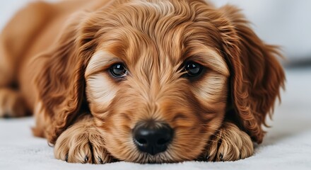 Close up of a golden cocker spaniel puppy lying down with its paws visible on a white surface