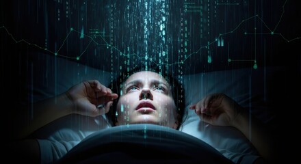 Woman lying looking up with data matrix code elements appearing. Digital data falling like rain. Technology and cyberspace.