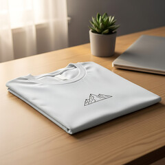 Folded White T shirt with Mountain Line Art Design on a Wooden Desk