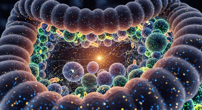 Microscopic view of gut bacteria in the human digestive system. Probiotic microorganism in the intestine. Scientific microbiome research.