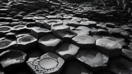 Dramatic hexagonal basalt columns form a natural wonder, showcasing geological beauty and raw, earthy textures under dramatic light.