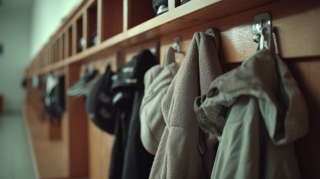 Empty Gym Lockers with Clothes Hanging in a Spacious Changing Room Scene