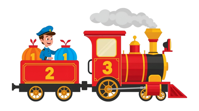 Cartoon Train Driver With Numbers 123 And Pumpkins On transparent background. Black Background locomotive engine isolated on a transparent background