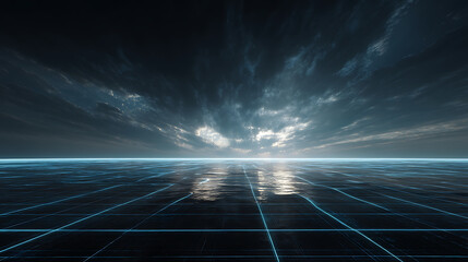 Futuristic digital landscape with glowing grid and dramatic cloudy sky, sci-fi horizon background