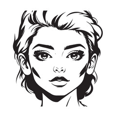 Black and white close up illustration of a beautiful woman face minimalist elegant line art drawing