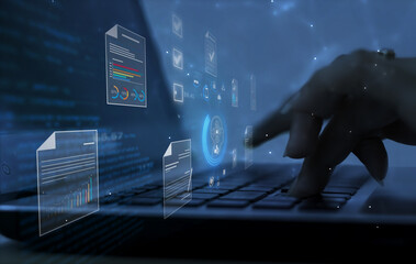 Ai Futuristic Document management concept, check electronic documents on digital documents on virtual screen Document Management System and process automation to efficiently document paperless operate