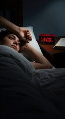 Young woman suffering from insomnia in bed. Night time anxiety and stress concept. Sleeping disorder and mental health problem.