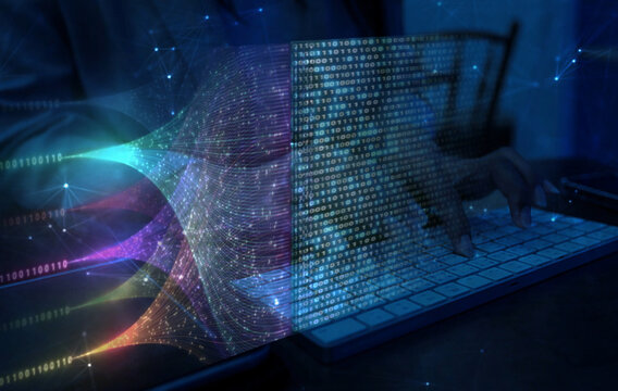 AI Neural Network Big Data Flow Visualization, Binary Code AIMatrix, AI Machine Learning Abstract Background, Quantum Computing, Cyber Security, Futuristic Technology Artificial Intelligence