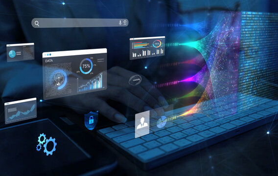 woman analyst uses a computer AI artificial intelligence and dashboard for data business analysis and Data Management System with KPI and metrics connected to the database for technology finance,