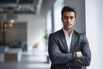Fototapeta premium Portrait of a serious Indian businessman standing with arms crossed in modern office setting, dressed in formal attire. Male leader employee posing on a workplace and looking directly in a camera.