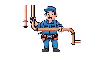 Cheerful cartoon plumber character working with various orange pipes, ready for plumbing installation, repair, or maintenance services with a friendly smile
