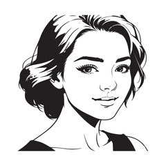 Black and white close up illustration of a beautiful woman face minimalist elegant line art drawing