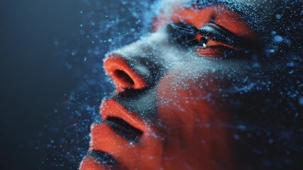 Digital human face constructed from glowing particles and a plexus network, illustrating concepts of artificial intelligence, technology, machine learning, and biometric facial recognition - Powered by Adobe
