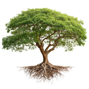 Large green tree with spreading roots and detailed branches showing natural growth isolated transparent Background.