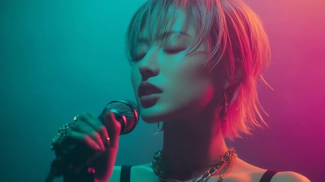 女性がライブ照明と煙の中で力強く歌う横顔