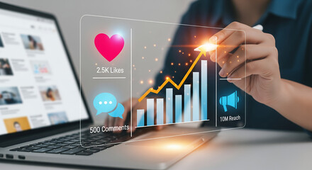A person interacting with social media, highlighting engagement metrics and performance analysis. A person appears to be using augmented reality to monitor his social media