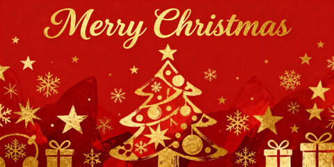 Festive Christmas scene with gold tree and gifts on red background