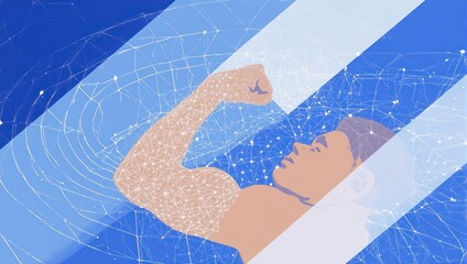 Dynamic abstract art showcases a powerful flexing bicep merged with intricate network connections against vibrant blue geometric backgrounds, symbolizing strength and connectivity.