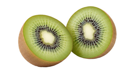 Fototapeta premium Two halves of a kiwi fruit, isolated on transparent background, displaying its vibrant green flesh, black seeds, and light brown skin, a delicious and nutritious tropical treat