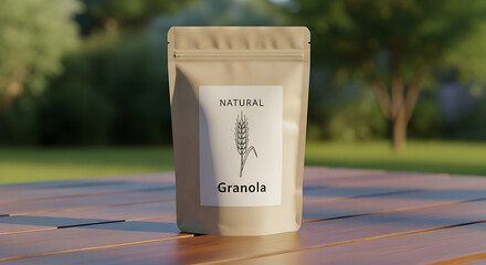 Natural Granola Stand up Pouch with Wheat Design on Wooden Table