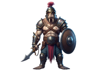 A powerful walrus warrior in detailed Roman-style armor stands confidently, holding a sword and shield against a black background.