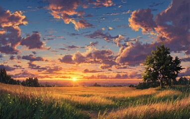 a vast grassland under the blue sky and white clouds, with sunlight shining on it. the sun sets in front of you, casting long shadows over the endless green wheat fields.