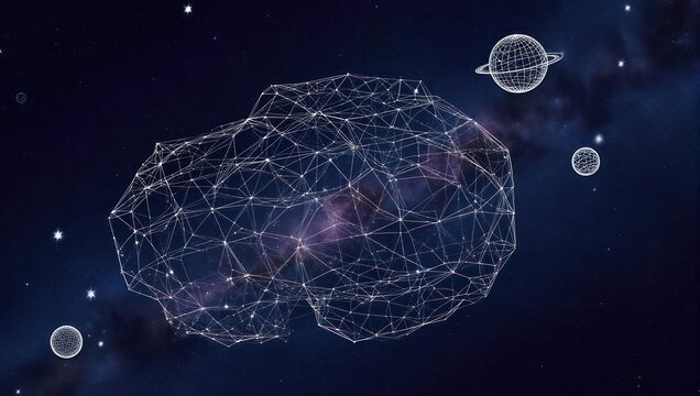 Dynamic network sphere floats in cosmic nebula, representing global connectivity, innovation, and the vastness of digital space.