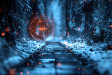 Fototapeta premium A glowing portal in a dark tunnel.